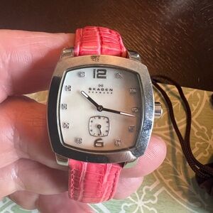 Skagen Silver Watch with Red Strap